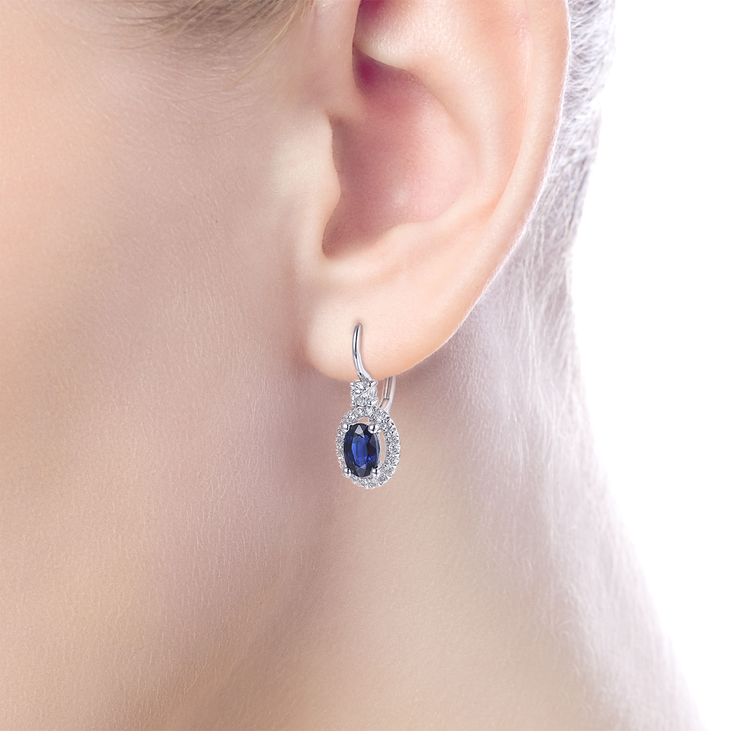 14K White Gold Sapphire Oval and Diamond Halo Leverback Earrings - 0.3 ct - Shot 2