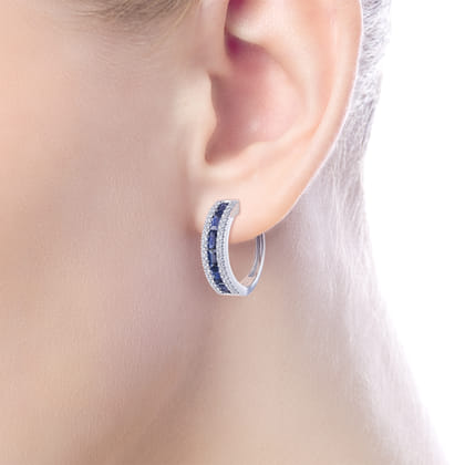 14K White Gold Sapphire Pave 15mm Diamond Huggie Hoop Earrings