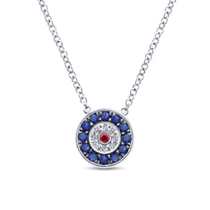 14K White Gold Sapphire Ruby and Diamond Evil Eye Pendant Necklace
