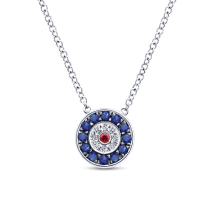 14K White Gold Sapphire Ruby and Diamond Evil Eye Pendant Necklace