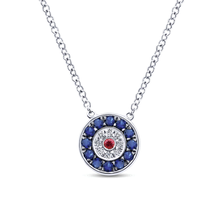 14K White Gold Sapphire Ruby and Diamond Evil Eye Pendant Necklace - 0.04 ct - Shot 1