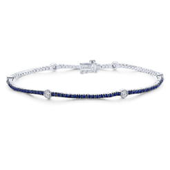 14K White Gold Sapphire Tennis Bracelet with Round Diamond Stations