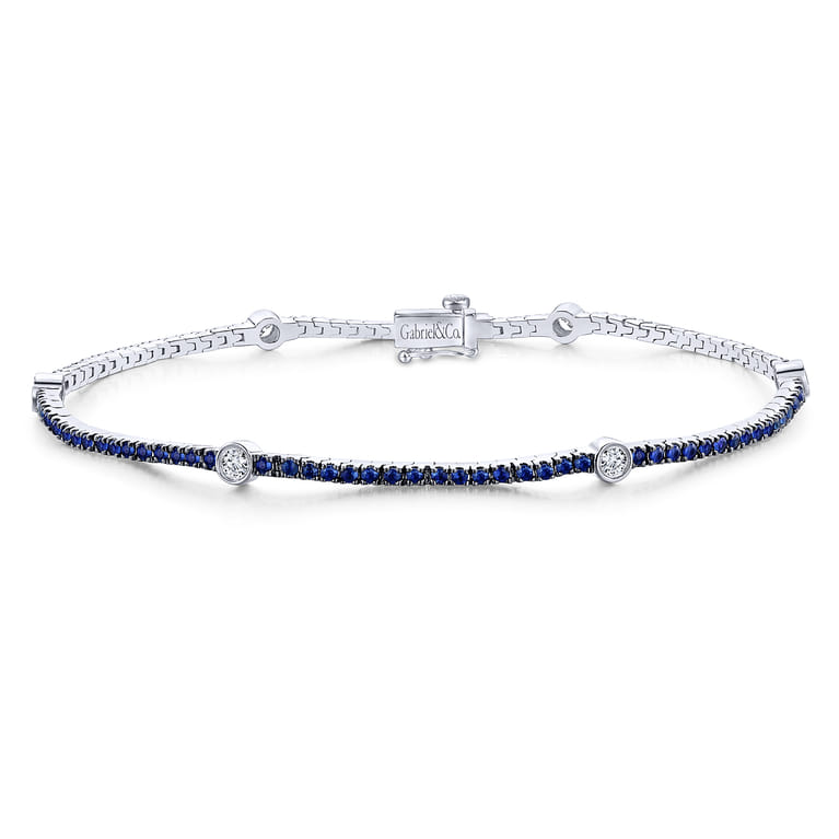 14K White Gold Sapphire Tennis Bracelet with Round Diamond Stations - 0.35 ct - Shot 1