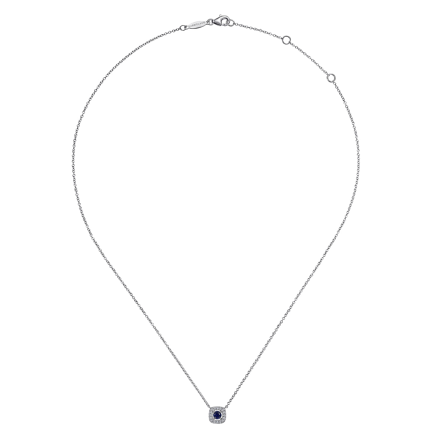14K White Gold Sapphire and Cushion Shape Diamond Halo Pendant Necklace