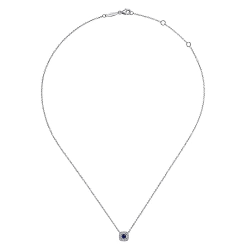 14K White Gold Sapphire and Cushion Shape Diamond Halo Pendant Necklace - 0.08 ct - Shot 2