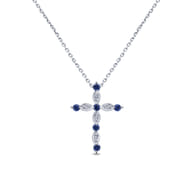 14K White Gold Sapphire and Diamond Cross Pendant Necklace