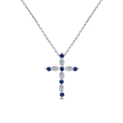 14K White Gold Sapphire and Diamond Cross Pendant Necklace