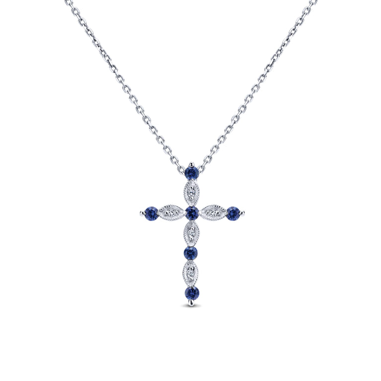 14K White Gold Sapphire and Diamond Cross Pendant Necklace - 0.04 ct - Shot 1
