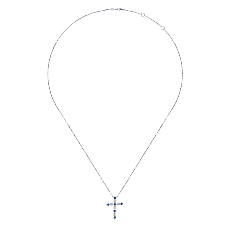14K White Gold Sapphire and Diamond Cross Pendant Necklace - 0.04 ct - Shot 2
