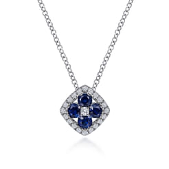 14K White Gold Sapphire and Diamond Halo Floral Pendant Necklace