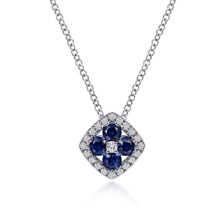 14K White Gold Sapphire and Diamond Halo Floral Pendant Necklace - 0.14 ct - Shot 1