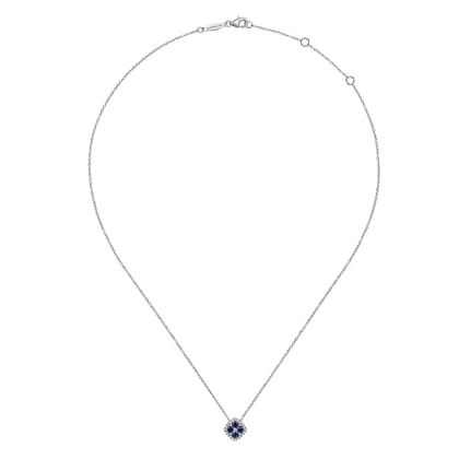 14K White Gold Sapphire and Diamond Halo Floral Pendant Necklace