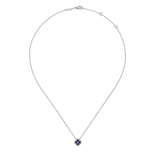 14K White Gold Sapphire and Diamond Halo Floral Pendant Necklace - 0.14 ct - Shot 2