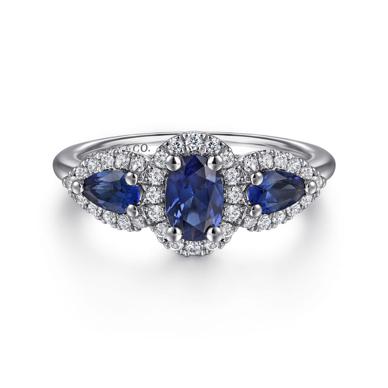 14K White Gold Sapphire and Diamond Halo Ladies Ring - 0.25 ct - Shot 1