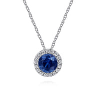 14K White Gold Sapphire and Diamond Halo Pendant Necklace