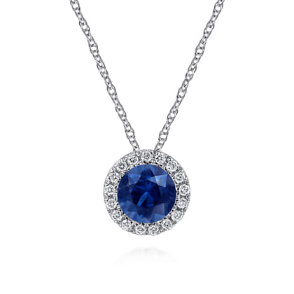 14K White Gold Sapphire and Diamond Halo Pendant Necklace