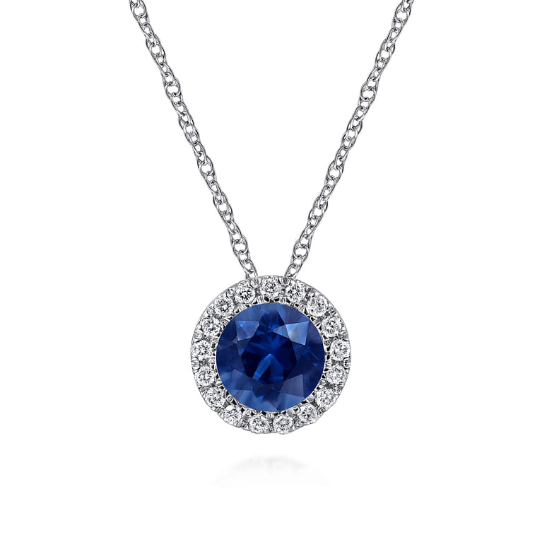14K White Gold Sapphire and Diamond Halo Pendant Necklace - 0.06 ct - Shot 1
