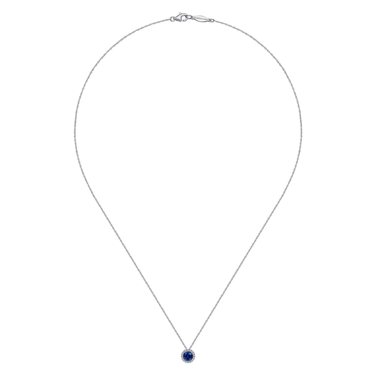 14K White Gold Sapphire and Diamond Halo Pendant Necklace - 0.06 ct - Shot 2