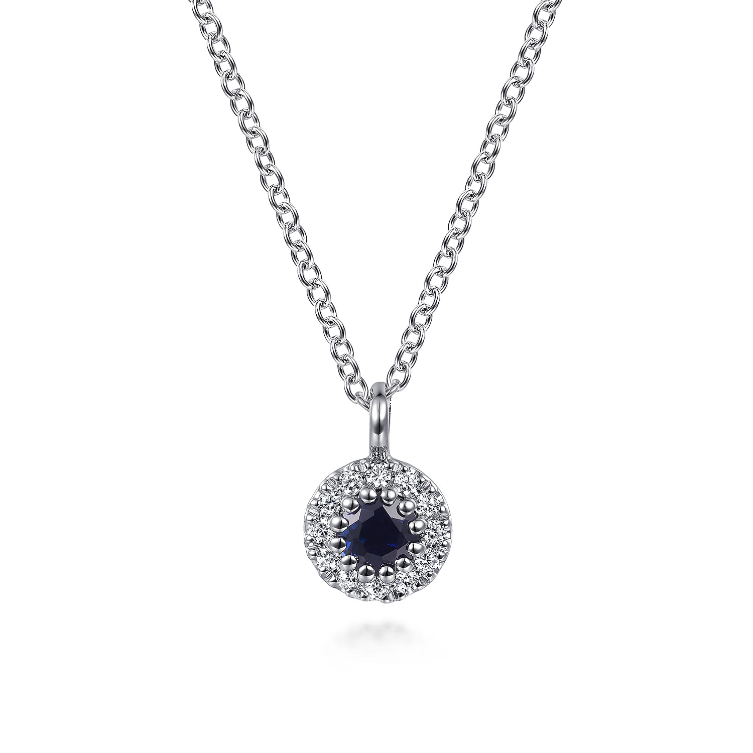 14K White Gold Sapphire and Diamond Halo Pendant Necklace - 0.05 ct - Shot 1