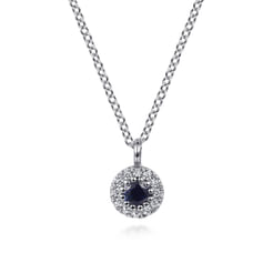 14K White Gold Sapphire and Diamond Halo Pendant Necklace 