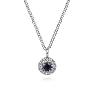 14K White Gold Sapphire and Diamond Halo Pendant Necklace