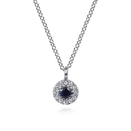 14K White Gold Sapphire and Diamond Halo Pendant Necklace