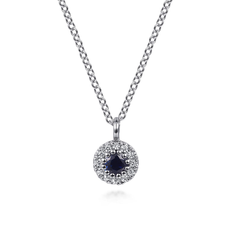 14K White Gold Sapphire and Diamond Halo Pendant Necklace - 0.05 ct - Shot 1