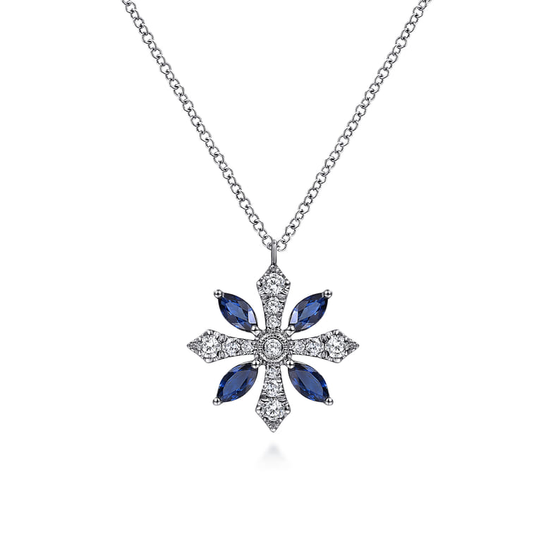 14K White Gold Sapphire and Diamond Snowflake Pendant Necklace - 0.25 ct - Shot 1