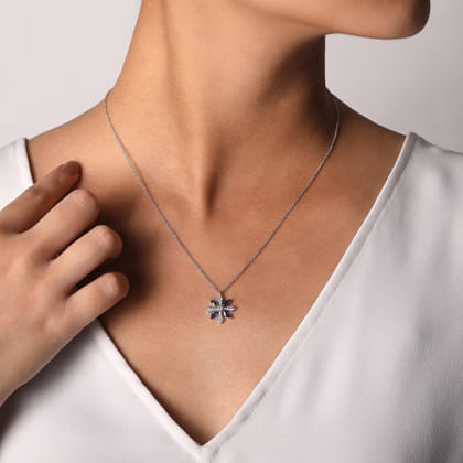 14K White Gold Sapphire and Diamond Snowflake Pendant Necklace