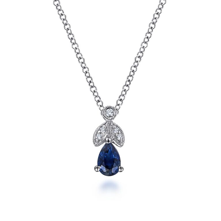 14K White Gold Sapphire and Diamond Teardrop Pendant Necklace - 0.04 ct - Shot 1