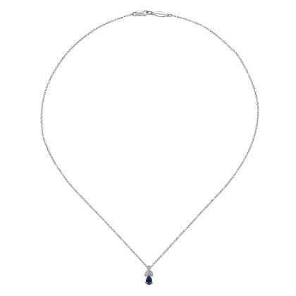 14K White Gold Sapphire and Diamond Teardrop Pendant Necklace