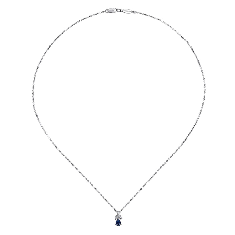 14K White Gold Sapphire and Diamond Teardrop Pendant Necklace