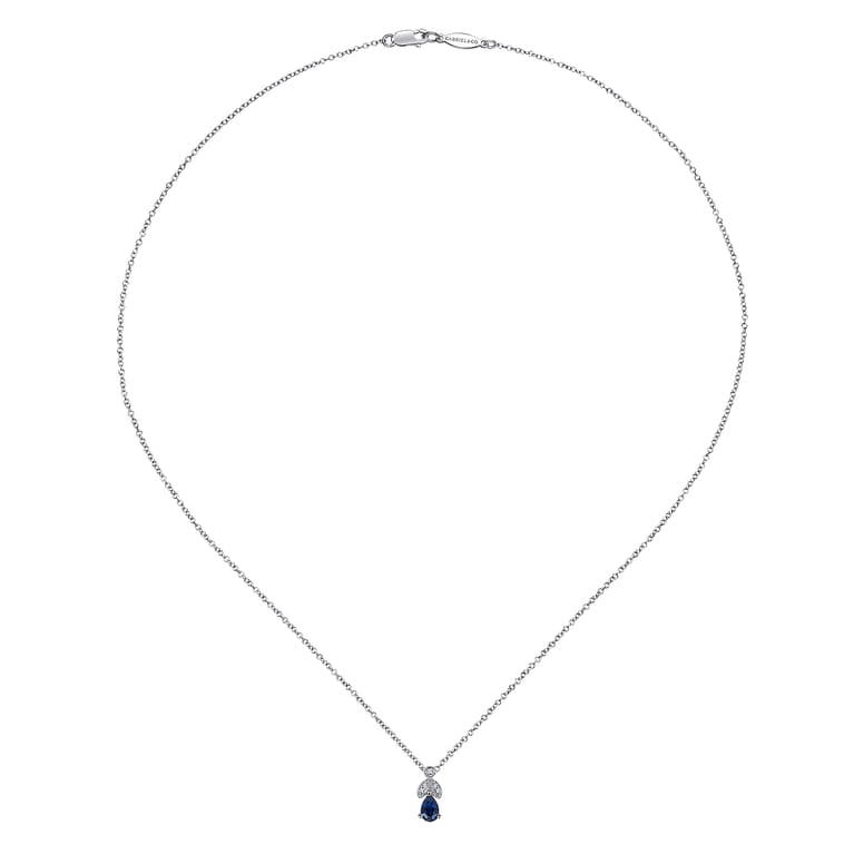 14K White Gold Sapphire and Diamond Teardrop Pendant Necklace - 0.04 ct - Shot 2