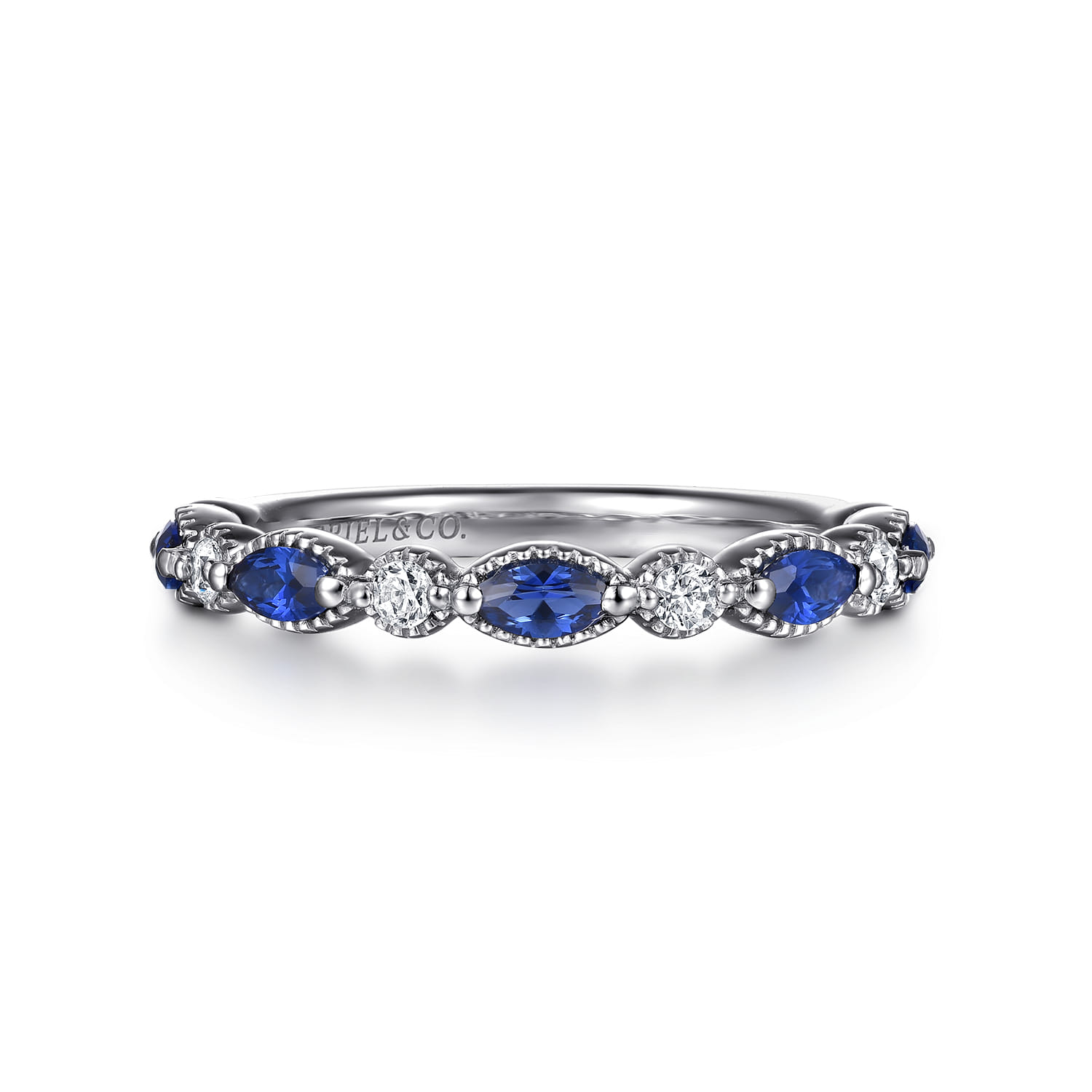 14K White Gold Sapphire and Diamond Wedding Band - 0.15 ct - Shot 1
