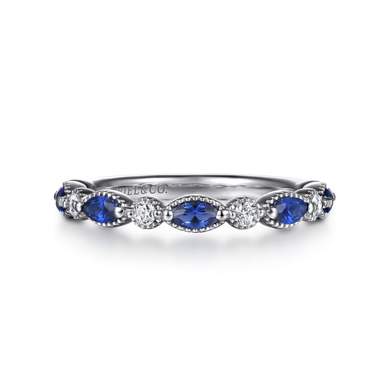 14K White Gold Sapphire and Diamond Wedding Band - 0.15 ct - Shot 1