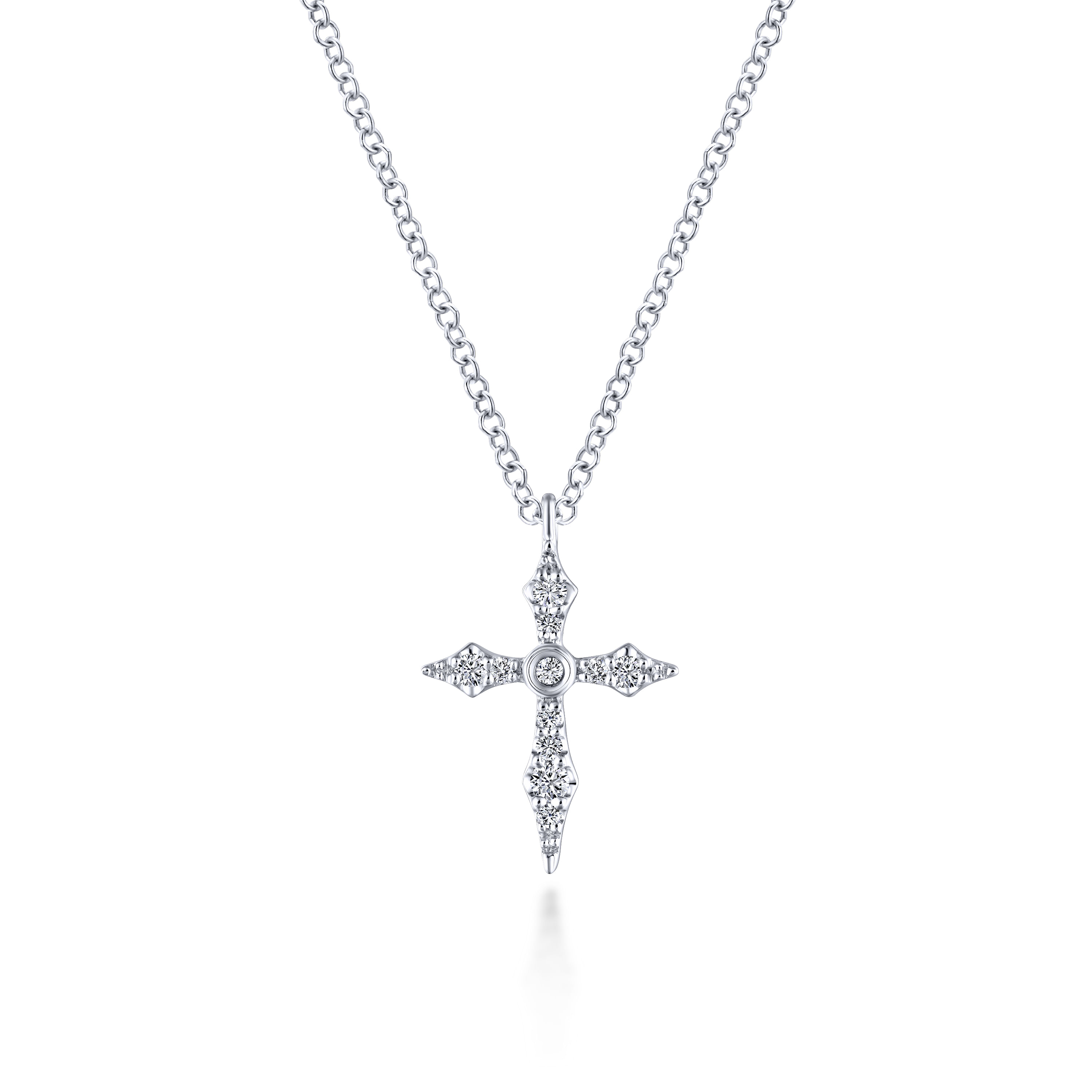 14K White Gold Sculpted Diamond Cross Pendant Necklace