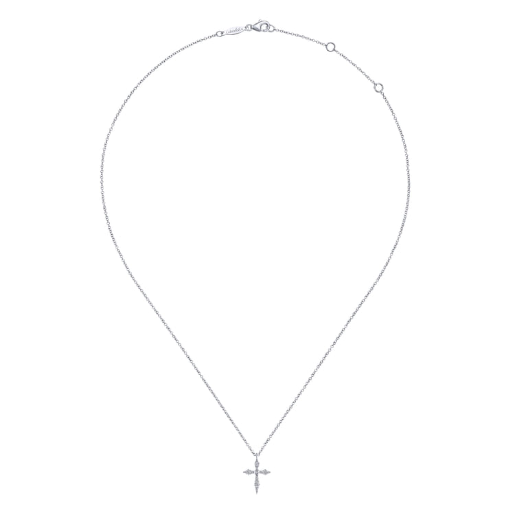 14K White Gold Sculpted Diamond Cross Pendant Necklace