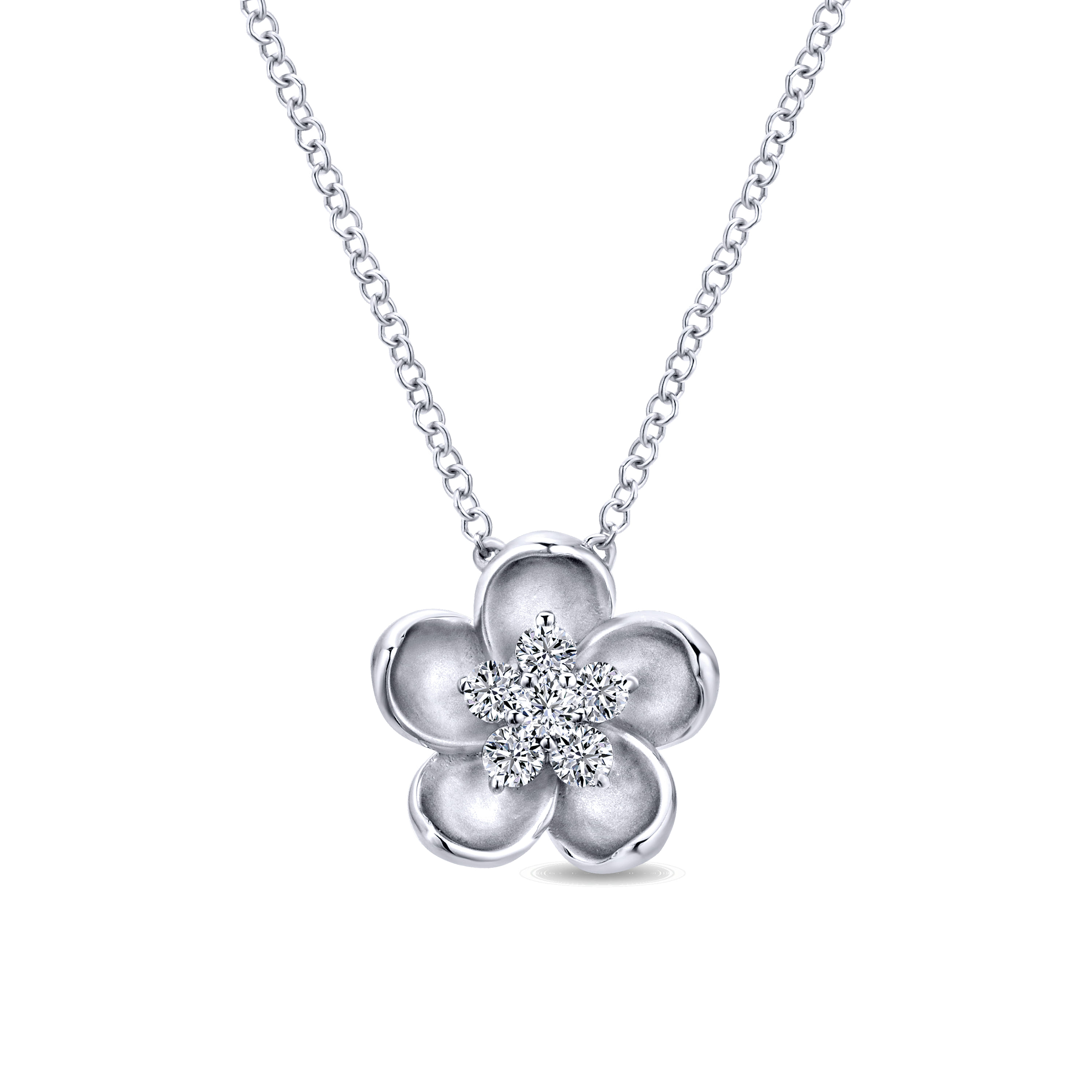 14K White Gold Sculpted Flower Pendant Necklace - 0.19 ct - Shot 1