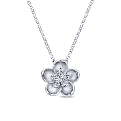 14K White Gold Sculpted Flower Pendant Necklace