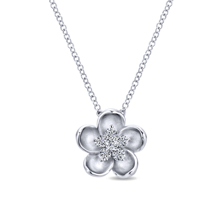 14K White Gold Sculpted Flower Pendant Necklace - 0.19 ct - Shot 1