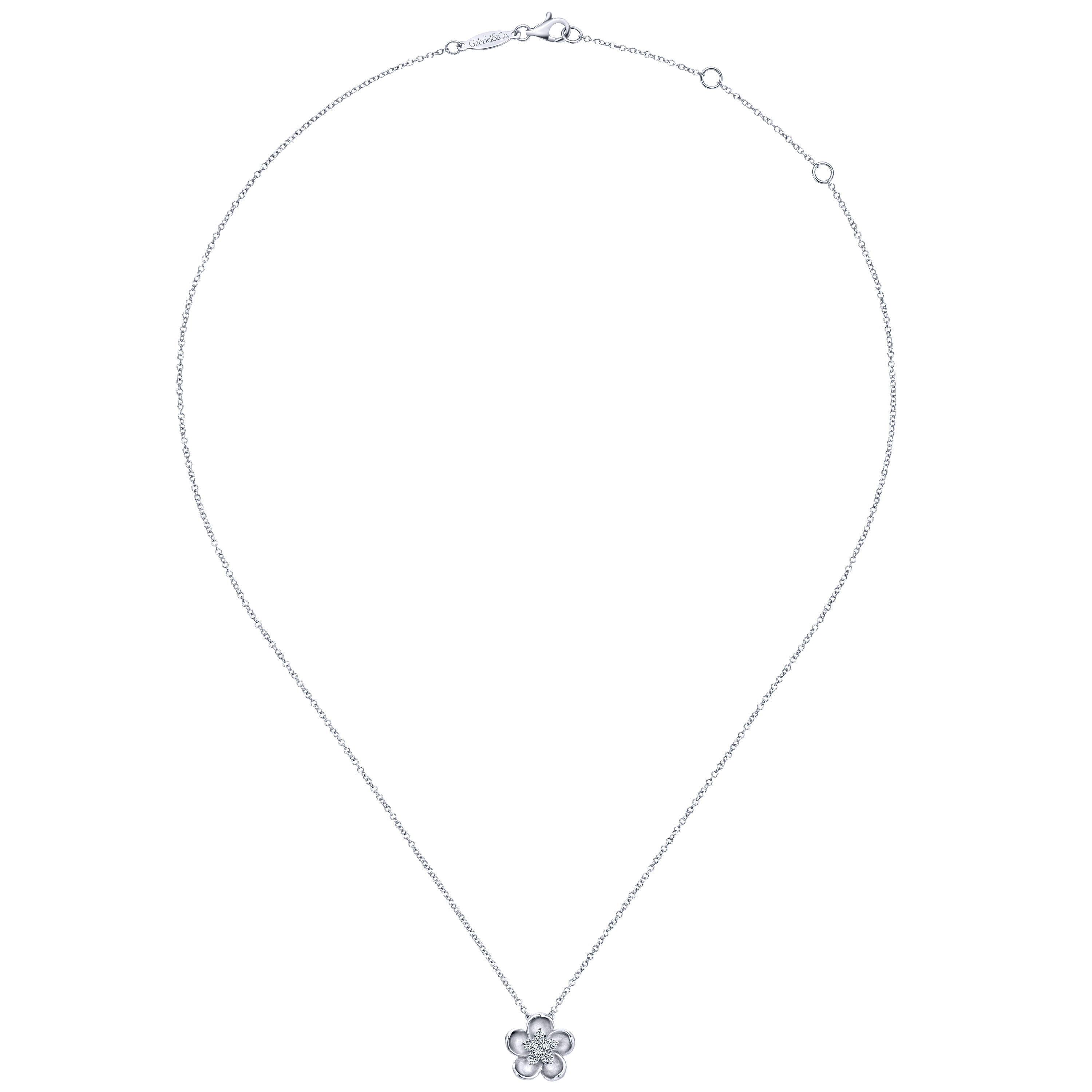 14K White Gold Sculpted Flower Pendant Necklace - 0.19 ct - Shot 2