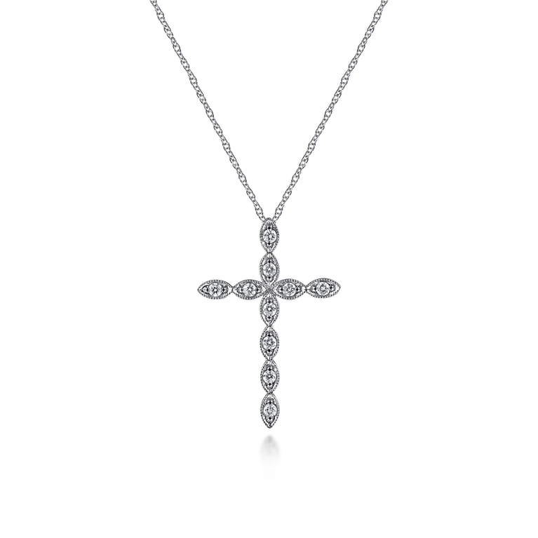 14K White Gold Segmented Diamond Cross Necklace - 0.15 ct - Shot 1