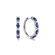 14K White Gold Shared Prong Diamond and Oval Blue Sapphire Classic Hoop Earrings