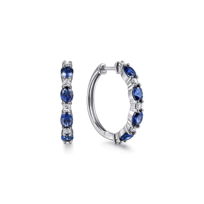 14K White Gold Shared Prong Diamond and Oval Blue Sapphire Classic Hoop Earrings