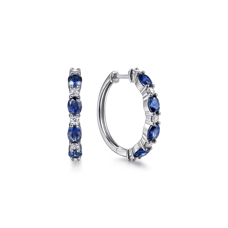 14K White Gold Shared Prong Diamond and Oval Blue Sapphire Classic Hoop Earrings - 0.3 ct - Shot 1