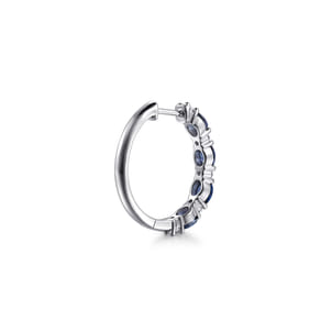 14K White Gold Shared Prong Diamond and Oval Blue Sapphire Classic Hoop Earrings