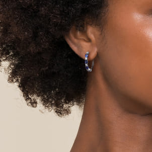 14K White Gold Shared Prong Diamond and Oval Blue Sapphire Classic Hoop Earrings