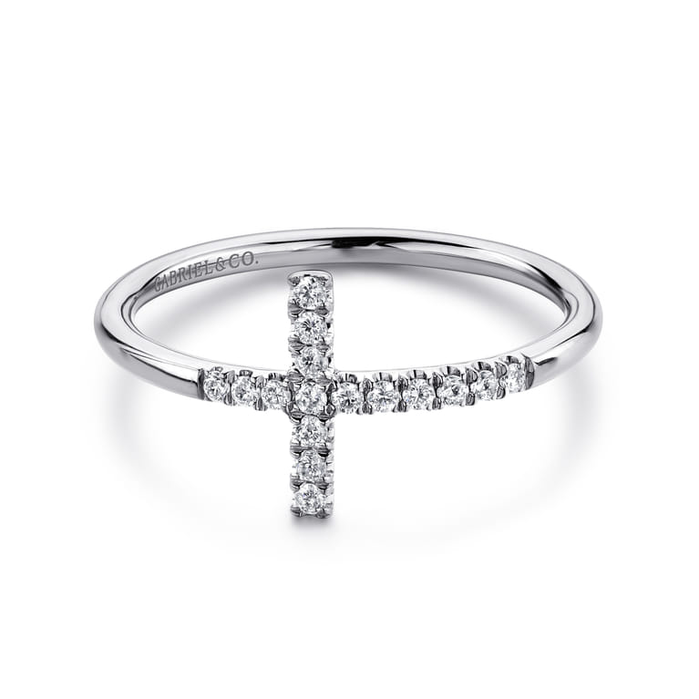 14K White Gold Sideways Cross Diamond Ring - 0.11 ct - Shot 1