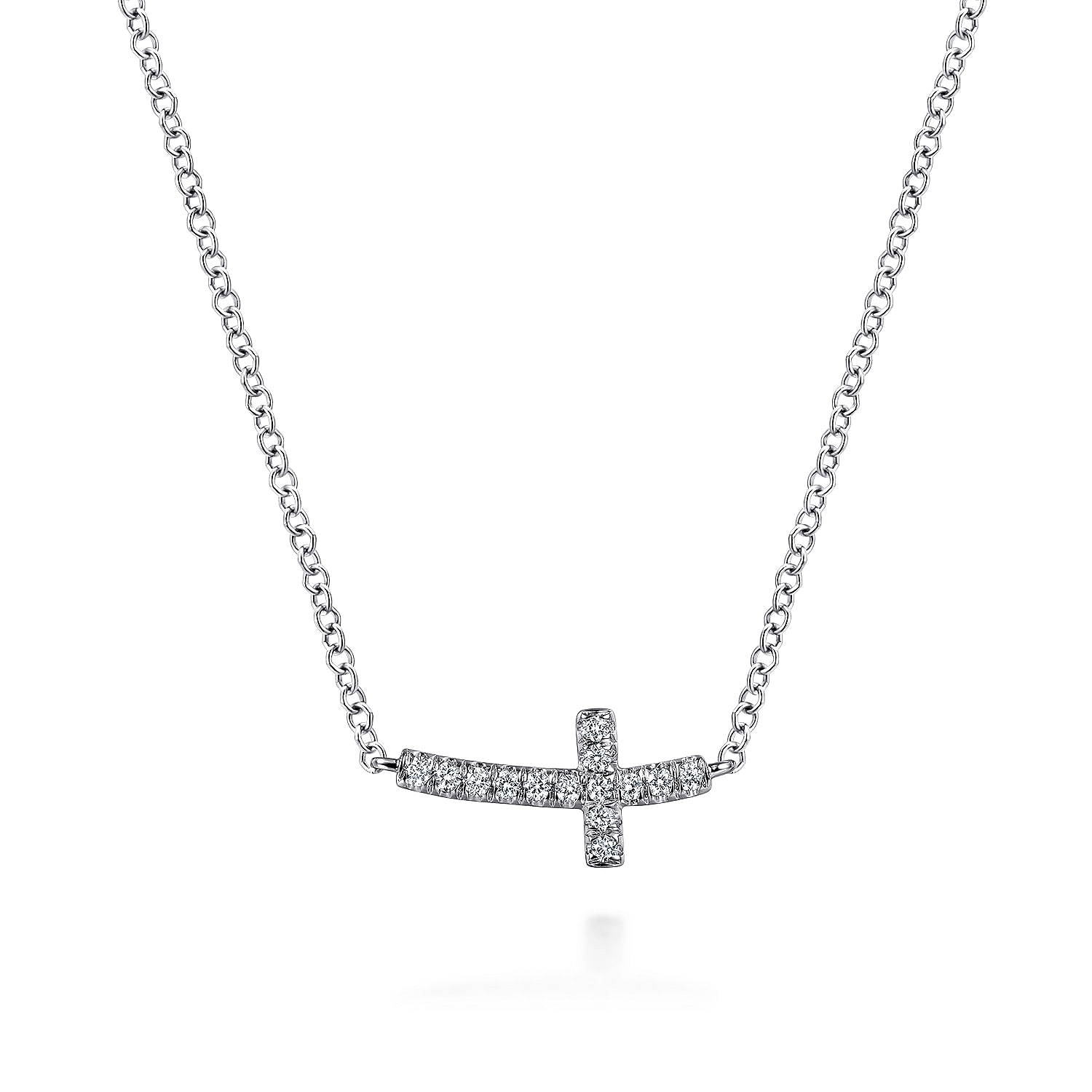 14K White Gold Sideways Curved Diamond Cross Necklace | Shop 14k