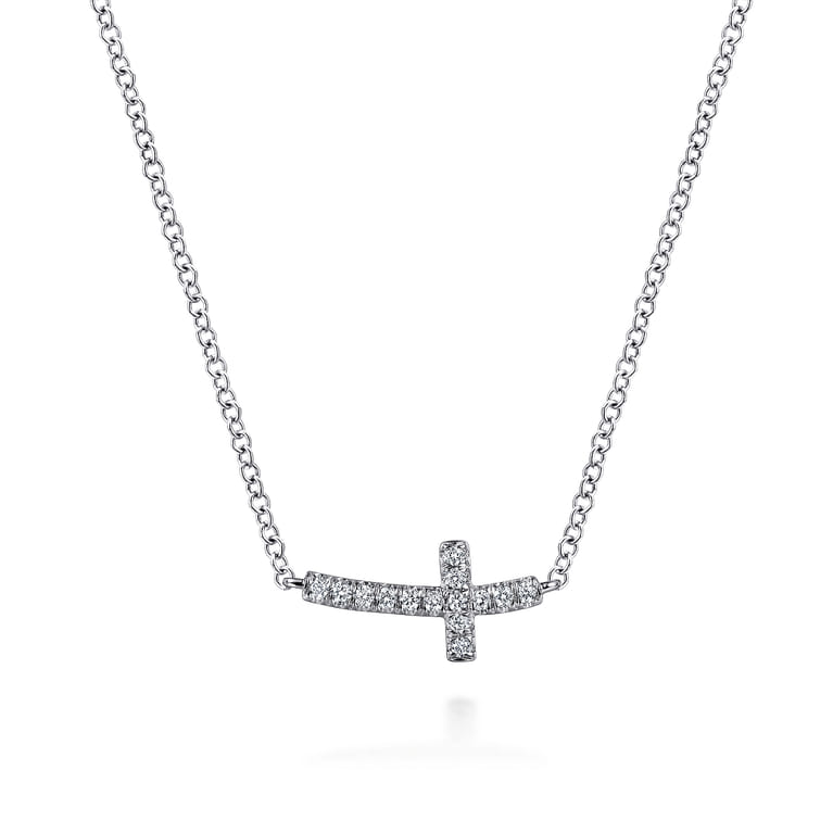 14K White Gold Sideways Curved Diamond Cross Necklace - 0.07 ct - Shot 1